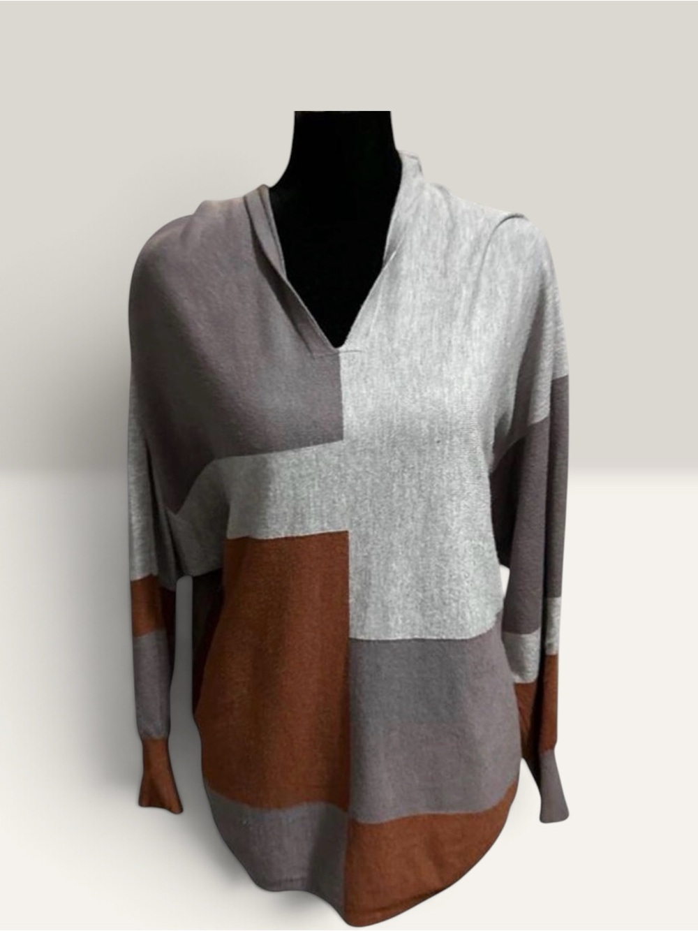 Aaeda gray and brown color-blocked sweater with hood, size L